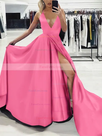 A-line V-neck Silk-like Satin Sweep Train Split Front Prom Dresses #Favs020107575