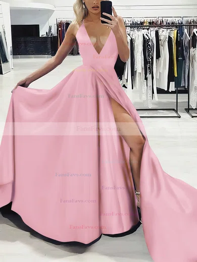 A-line V-neck Silk-like Satin Sweep Train Split Front Prom Dresses #Favs020107575