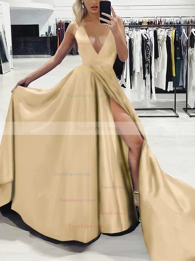A-line V-neck Silk-like Satin Sweep Train Split Front Prom Dresses #Favs020107575