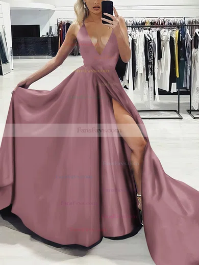 A-line V-neck Silk-like Satin Sweep Train Split Front Prom Dresses #Favs020107575