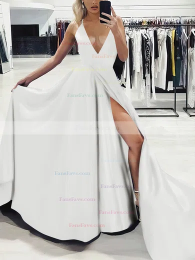 A-line V-neck Silk-like Satin Sweep Train Split Front Prom Dresses #Favs020107575