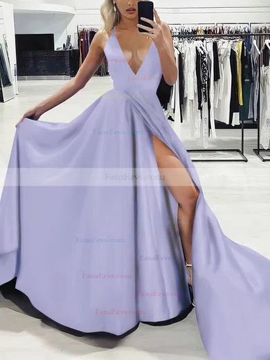 A-line V-neck Silk-like Satin Sweep Train Split Front Prom Dresses #Favs020107575