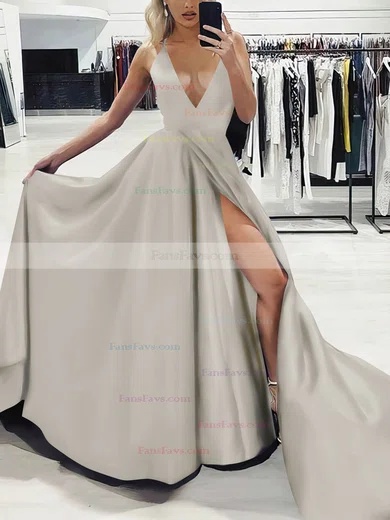 A-line V-neck Silk-like Satin Sweep Train Split Front Prom Dresses #Favs020107575