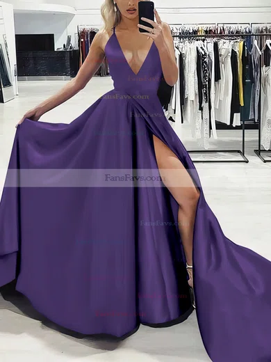 A-line V-neck Silk-like Satin Sweep Train Split Front Prom Dresses #Favs020107575