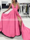 A-line V-neck Silk-like Satin Sweep Train Split Front Prom Dresses #Favs020107575