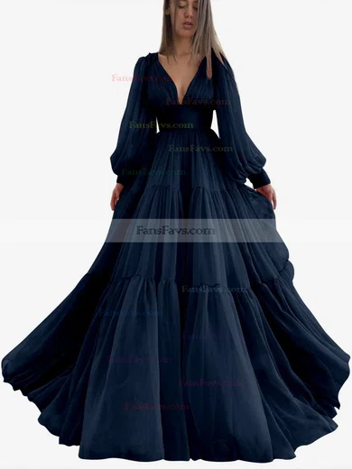 A-line V-neck Chiffon Sweep Train Ruffles Prom Dresses #Favs020107576