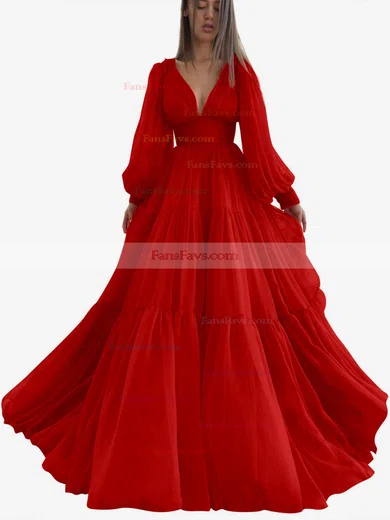 A-line V-neck Chiffon Sweep Train Ruffles Prom Dresses #Favs020107576
