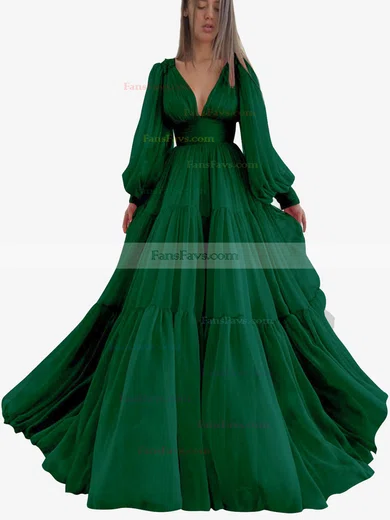 A-line V-neck Chiffon Sweep Train Ruffles Prom Dresses #Favs020107576