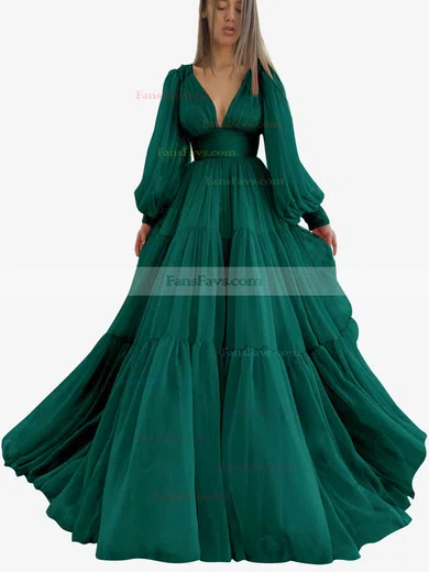 A-line V-neck Chiffon Sweep Train Ruffles Prom Dresses #Favs020107576