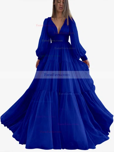 A-line V-neck Chiffon Sweep Train Ruffles Prom Dresses #Favs020107576