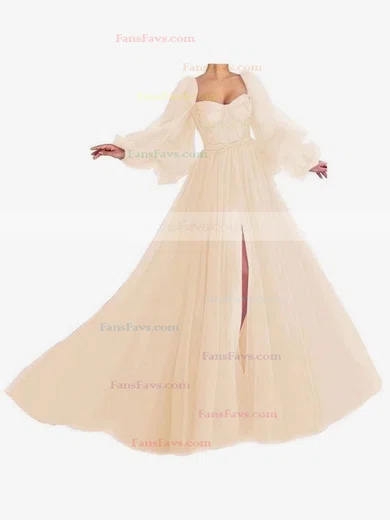 A-line Sweetheart Tulle Sweep Train Bow Prom Dresses #Favs020107577