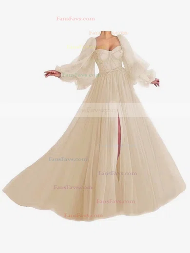 A-line Sweetheart Tulle Sweep Train Bow Prom Dresses #Favs020107577