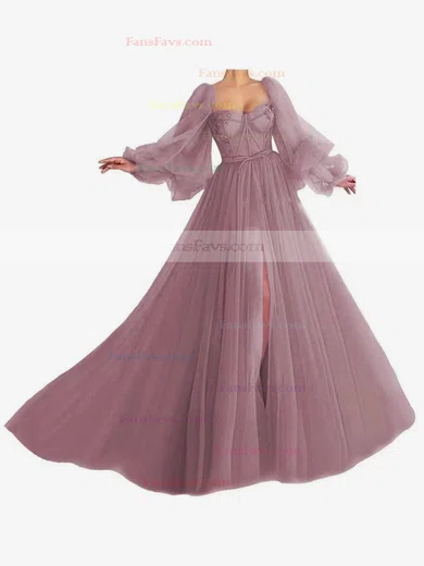 A-line Sweetheart Tulle Sweep Train Bow Prom Dresses #Favs020107577