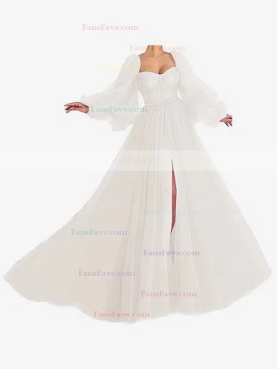 A-line Sweetheart Tulle Sweep Train Bow Prom Dresses #Favs020107577