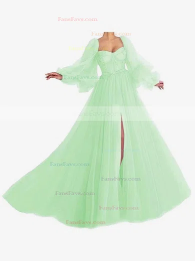 A-line Sweetheart Tulle Sweep Train Bow Prom Dresses #Favs020107577