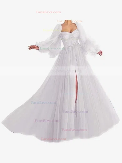 A-line Sweetheart Tulle Sweep Train Bow Prom Dresses #Favs020107577