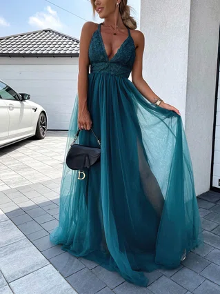 A-line V-neck Tulle Sweep Train Split Front Prom Dresses #Favs020107578 A-line V-neck Tulle Sweep Train Split Front Prom Dresses #Favs020107578