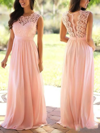 A-line Scoop Neck Lace Chiffon Floor-length Sashes / Ribbons Prom Dresses #Favs020104579