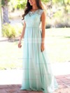 A-line Scoop Neck Lace Chiffon Floor-length Sashes / Ribbons Prom Dresses #Favs020104579