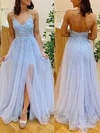 A-line V-neck Lace Tulle Sweep Train Beading Prom Dresses #Favs020107918