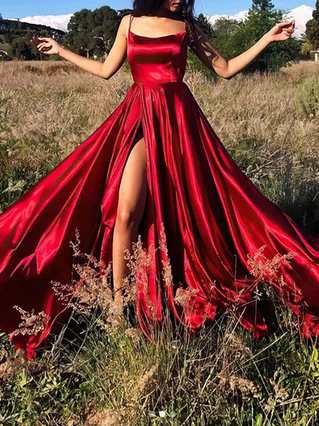 A-line Square Neckline Silk-like Satin Sweep Train Split Front Prom Dresses #Favs020107921 A-line Square Neckline Silk-like Satin Sweep Train Split Front Prom Dresses #Favs020107921