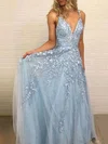 A-line V-neck Lace Tulle Sweep Train Appliques Lace Prom Dresses #Favs020107922