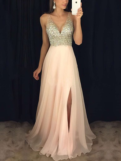 A-line V-neck Chiffon Floor-length Beading Prom Dresses #Favs020104583