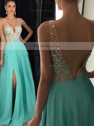 A-line V-neck Chiffon Floor-length Beading Prom Dresses #Favs020104583