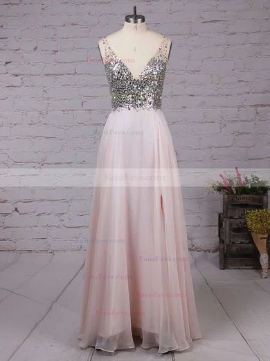 A-line V-neck Chiffon Floor-length Beading Prom Dresses #Favs020104583