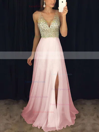 A-line V-neck Chiffon Floor-length Beading Prom Dresses #Favs020104583