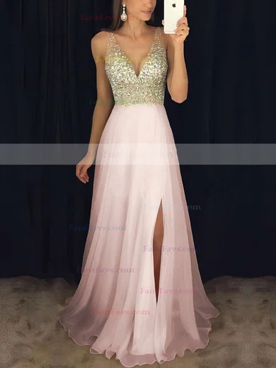 A-line V-neck Chiffon Floor-length Beading Prom Dresses #Favs020104583