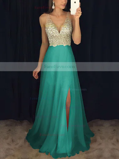 A-line V-neck Chiffon Floor-length Beading Prom Dresses #Favs020104583