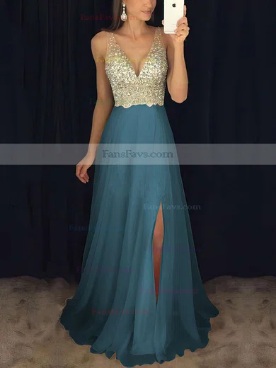 A-line V-neck Chiffon Floor-length Beading Prom Dresses #Favs020104583