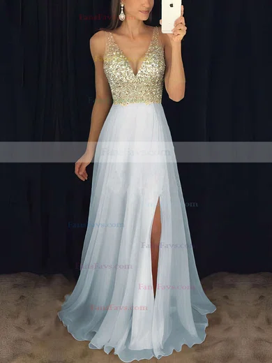 A-line V-neck Chiffon Floor-length Beading Prom Dresses #Favs020104583
