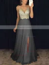 A-line V-neck Chiffon Floor-length Beading Prom Dresses #Favs020104583