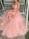 A-line Strapless Tulle Lace Sweep Train Appliques Lace Prom Dresses #Favs020107924