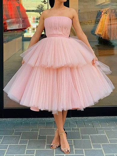 Ball Gown Strapless Tulle Tea-length Tiered Short Prom Dresses #Favs020107925