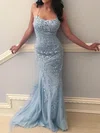 Trumpet/Mermaid Square Neckline Tulle Lace Sweep Train Appliques Lace Prom Dresses #Favs020107927
