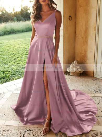 A-line V-neck Silk-like Satin Sweep Train Split Front Prom Dresses #Favs020107929