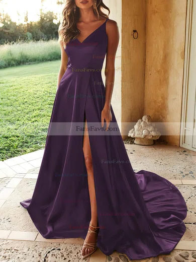 A-line V-neck Silk-like Satin Sweep Train Split Front Prom Dresses #Favs020107929