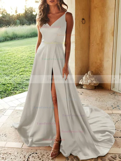 A-line V-neck Silk-like Satin Sweep Train Split Front Prom Dresses #Favs020107929