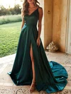 A-line V-neck Silk-like Satin Sweep Train Split Front Prom Dresses #Favs020107929