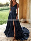 A-line V-neck Silk-like Satin Sweep Train Split Front Prom Dresses #Favs020107929