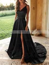 A-line V-neck Silk-like Satin Sweep Train Split Front Prom Dresses #Favs020107929