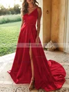 A-line V-neck Silk-like Satin Sweep Train Split Front Prom Dresses #Favs020107929