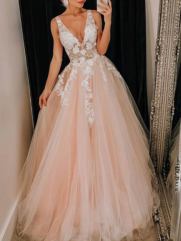 Ball Gown V-neck Lace Tulle Sweep Train Appliques Lace Prom Dresses #Favs020107930