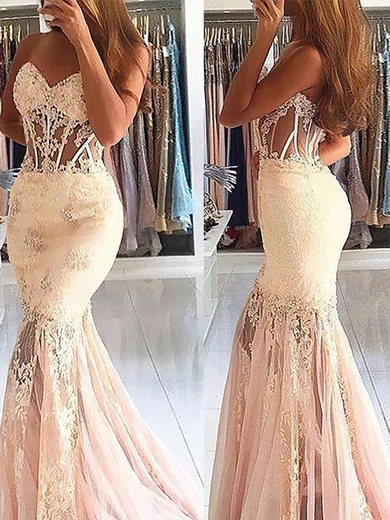 Trumpet/Mermaid Strapless Lace Tulle Sweep Train Beading Prom Dresses #Favs020107931