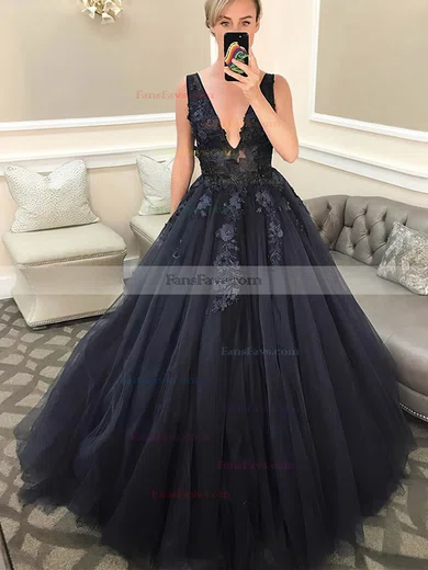 A-line V-neck Lace Tulle Sweep Train Appliques Lace Prom Dresses #Favs020107932