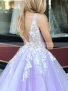 A-line V-neck Lace Tulle Sweep Train Appliques Lace Prom Dresses #Favs020107932