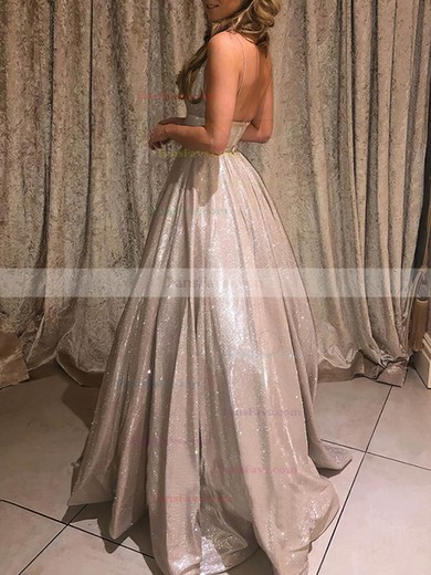 Ball Gown V-neck Glitter Sweep Train Pockets Prom Dresses #Favs020107934